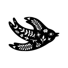 Black silhouette of bird with white moon, floral elements.