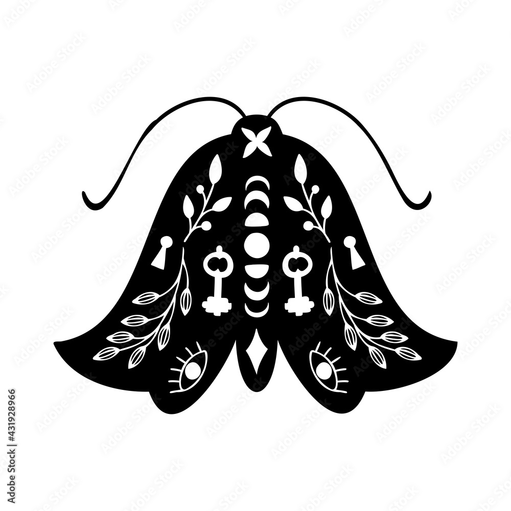 Black silhouette of moth with white floral elements. Stock Vector ...