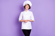 Portrait of attractive cheerful girl skilled experienced chef cafe employee isolated over pastel violet purple color background