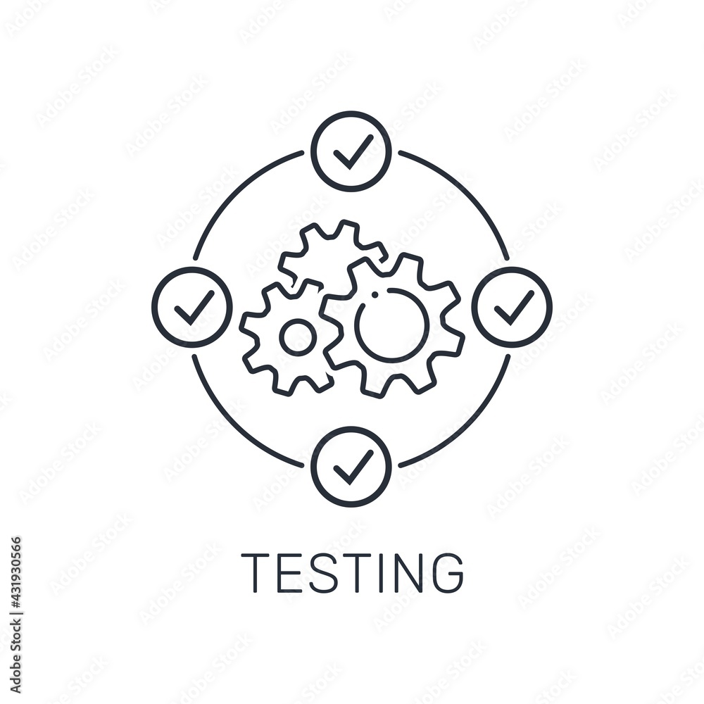 System testing. Validation and verification of the technological process. Vector linear icon isolated on white background.