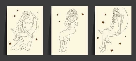 Wall Mural - astrology woman celestial card set. sacred boho lady line art esoteric linear moon star magic beauti