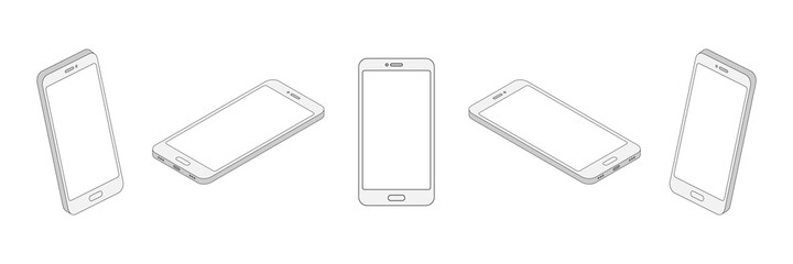 Poster - Isometric line smartphone set. 3d mobile phone with empty screen collection. Digital technology outline concept. Vector isolated on white