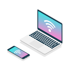 Poster - Laptop and smartphone in isometric style. Portable 3d devices with Wi-Fi sign. Digital wireless technology concept. NFC wireless communication. Open modern laptop with mobile phone. Vector isolated
