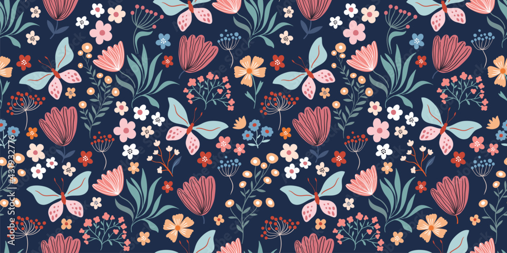 Floral seamless pattern with butterflies, flowers and plants Stock ...