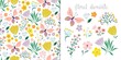 © lilett - Spring and summer set with seamless pattern and floral elements isolated on white