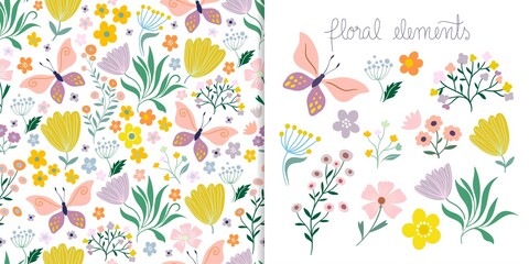 Wall Mural - Spring and summer set with seamless pattern and floral elements isolated on white
