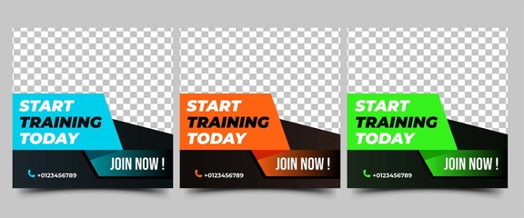 Gym, fitness, and workout social media post template design. Set of modern banner design with blue, orange, and green color shape. Usable for social media, flyers, banners, and websites.