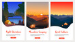 © Alina Futura - Collection of mountain and river landscapes for banner, web site, social media. Editable vector illustration with summer camping, overnight near to bonfire in tent