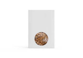 Almonds paper box mockup on isolated white background, cardboard paper packaging box for dry fruits, 3d illustration