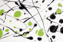 Black And Green Lines And Splashes Drawn On White Background. Abstract Art Spotted Backdrop With Olive Brush Stroke.