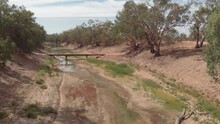Dry Australian River In Drought Conditions Due To Global Warming And Climate Change. Aerial Drone View Of Dry River Bed (Darling River, New South Wales)