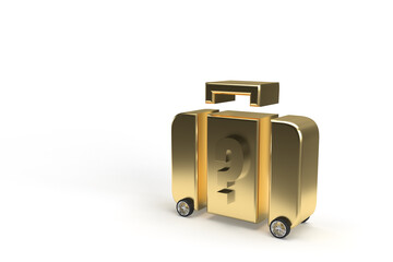 Wall Mural - gold suitcase on wheels question mark as car on isolated background.