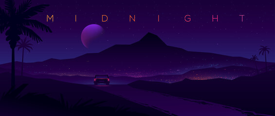 Tropical journey. Car rides towards the city. Night landscape with silhouettes of mountains and sky with stars