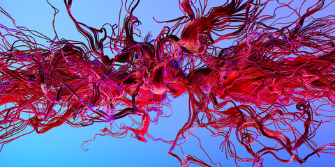 Poster - Abstraction with lines waves. Abstract geometry. Waves texture from bending fibers. Flying colored threads. Abstraction with lines for background. 3 D image