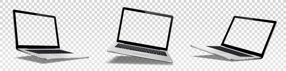 Flying laptop mock up with transparent screen