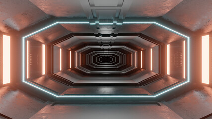 Three dimensional render of futuristic corridor inside spaceship or space station