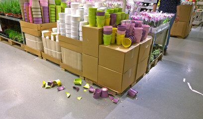 Broken pots in the flower section of the store