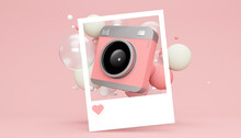 Three Dimensional Render Of Picture Of Old-fashionedÔøΩcamera Floating With Various Bubbles Against Pink Background