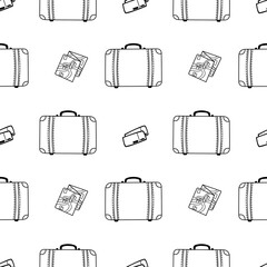 Vector seamless pattern with suitcase, card and tickets, doodle style pattern on white background. Illustration for postcards, packaging, clothing, travel