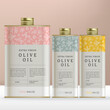 Vector Rectangular Tin Box or Bottle Packaging for Olive Oil Products with Minimal Floral Pattern.