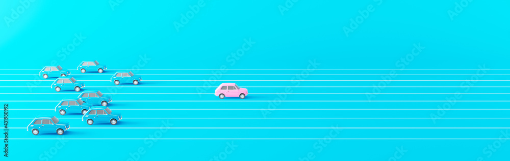 Business competition concept. Pink car leading the race against a group of slower blue cars 3d render 3d illustration - obrazy, fototapety, plakaty 