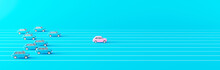 Business Competition Concept. Pink Car Leading The Race Against A Group Of Slower Blue Cars 3d Render 3d Illustration