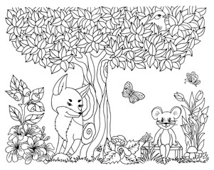 Wall Mural - Illustration. The fox is watching from behind a tree a mouse that sits on a bench. Coloring book. Antistress for adults and children. The work was done in manual mode. Black and white.