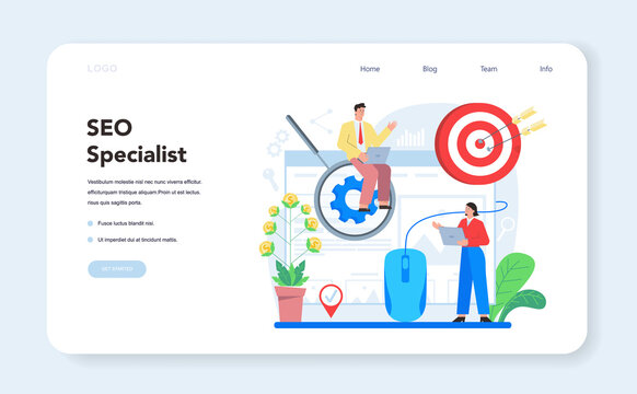 SEO specialist web banner or landing page. Idea of search engine