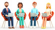 3D illustration of business team office working. Happy multicultural people characters sitting in chairs and using laptops. Successful teamwork, group connection and global communication.