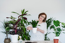 Senior Woman Holding Potted Plant Against Wall At Home