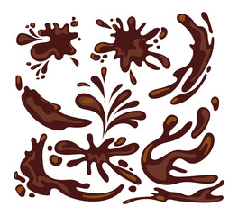 Splashes of coffee, chocolate or mud vector illustrations set. Spilled brown liquid from hot drink or paint isolated on white background. Food, beverage, product advertising concept