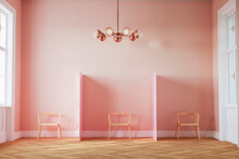 Three Dimensional Render Of Empty Chairs In Pink Colored Waiting Room