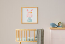 Three Dimensional Render Of Picture Hanging On Wall Over Empty Crib