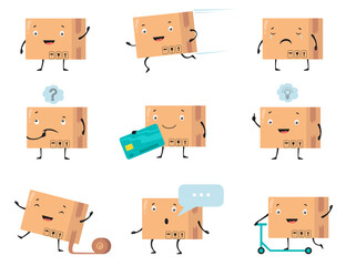 Wall Mural - Delivery cardboard box character vector illustrations set. Cartoon delivery box with cute face smiling, holding card, crying, thinking, riding scooter. Delivery, warehouse, packaging concept