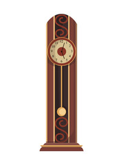 Antique clock. Traditional floor or table standing pendulum clock with wood carved decoration. Beautiful vintage object in cartoon style.  old watch isolated icon in flat design