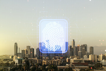 Leinwandbilder - Abstract virtual fingerprint hologram on Los Angeles skyline background. Multiexposure