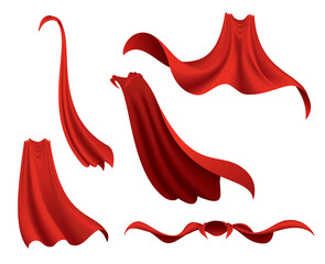 Wall Mural - Superhero red cape. Scarlet fabric silk cloak in different position, front back and side view. Carnival or masquerade dress, 3d realistic costume design. Silk flying capes