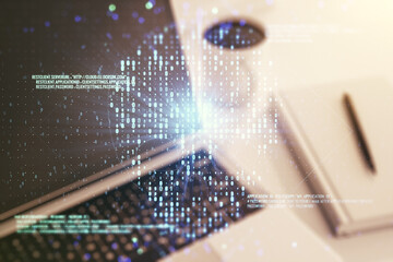 Poster - Creative code skull sketch on modern laptop background, theft of personal data and malware concept. Multiexposure