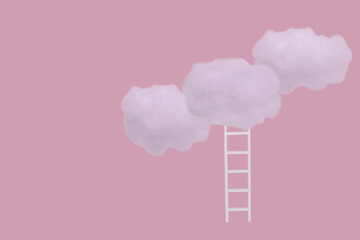 Creative idea with white clouds and ladder on pastel pink background.