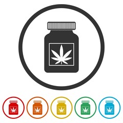 Poster - Medical bottle with marijuana or cannabis leaf ring icon isolated on white background color set