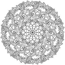 Mandala For Halloween With Traditional Symbols Of Pumpkins And Objects, Meditative Page Coloring For Holiday Activities