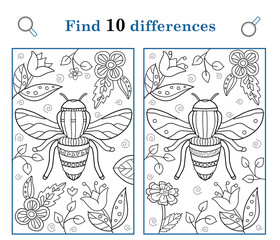 Find the differences. Children educational game. Hand drawn coloring page for kids. Beautiful simple drawings with patterns. Coloring book pictures with bee. Vector