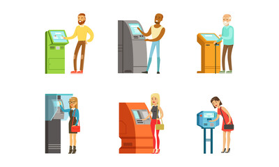 Wall Mural - People Characters Using Electronic Self Service Terminal Performing Payment and Receive Money Vector Illustration Set