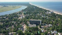 Jurmala, Dzintari,Majori, Latvia, Baltics. Beautiful Panoramic Aerial 4K Video From Flying Drone To Dzintari, Majori, Baltic Sea On A Hot Sunny Summer Day. (Series)