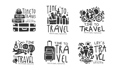 Sticker - Time to Travel Original Design with Packed Suitcase Vector Set