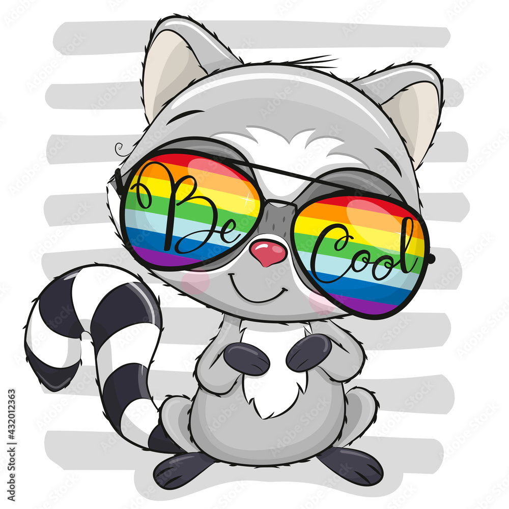 Cute Raccoon with sun glasses on striped background - obrazy, fototapety, plakaty 