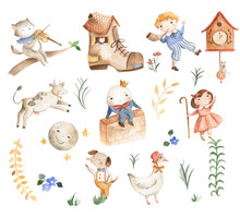 Nursery Rhymes Icons Watercolor Illustration Humpty Dumpty Cow Over The Moon And Mother Goose 