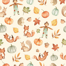 Autumn Fall Woodland Baby Animals Seamless  Pattern Tile With Leaves, Pumpkin And Harvest Icons 
