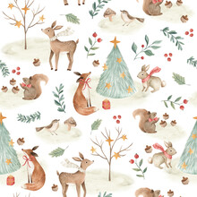 Watercolor Christmas Woodland Animals For Winter Holidays Seamless Pattern Tile With White Background 