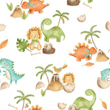 Baby Dinosaurs Watercolor Illustration Children's Cute Seamless Pattern Tile In White Background 